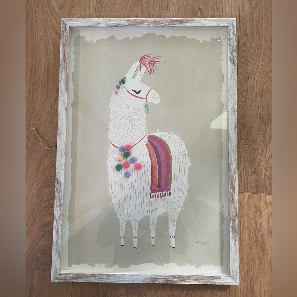 Llama Wall Art with Pom Pom’s –Framed Canvas, Rustic White Frame (16.9” x 24.8”)